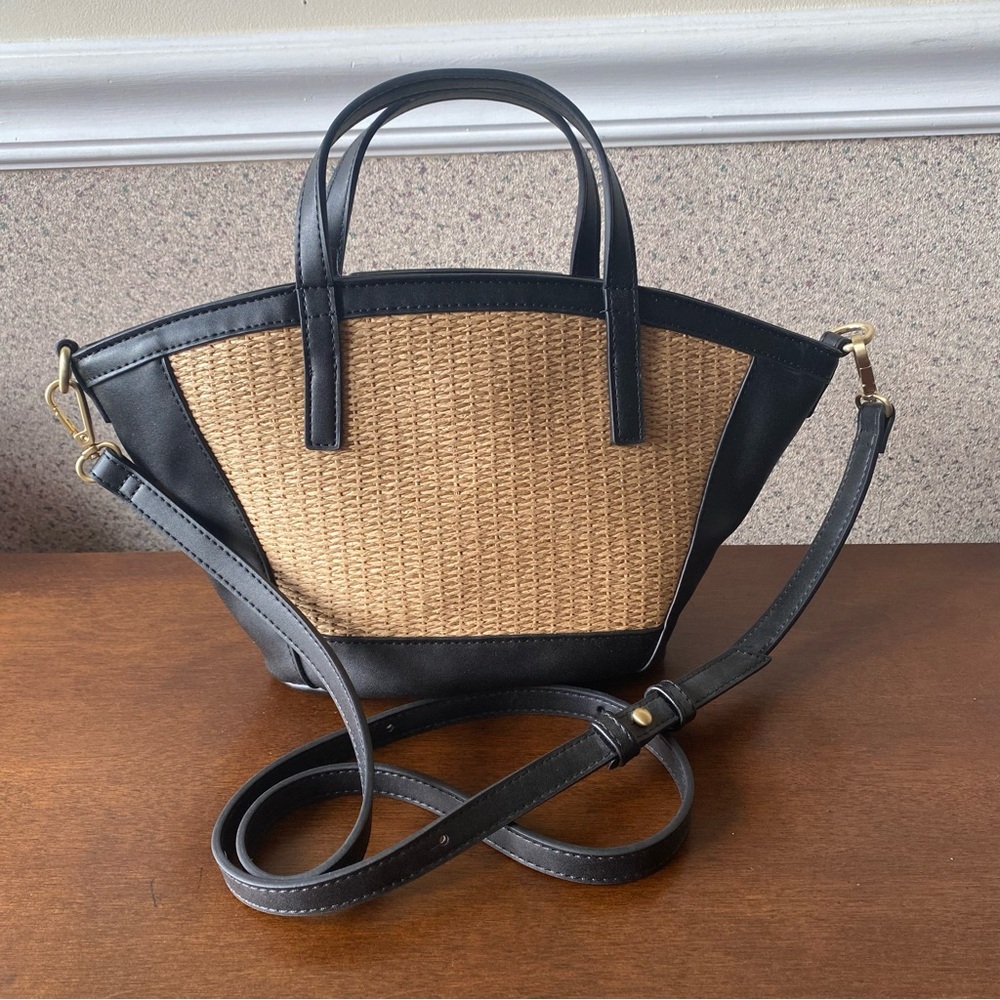Marks & Spencer Shoulder Tote Bag Black Beige Textured Straw Crossbody